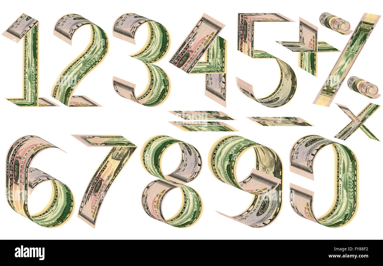 Numbers, percent and mathematical signs from dollars. Made of fifty
