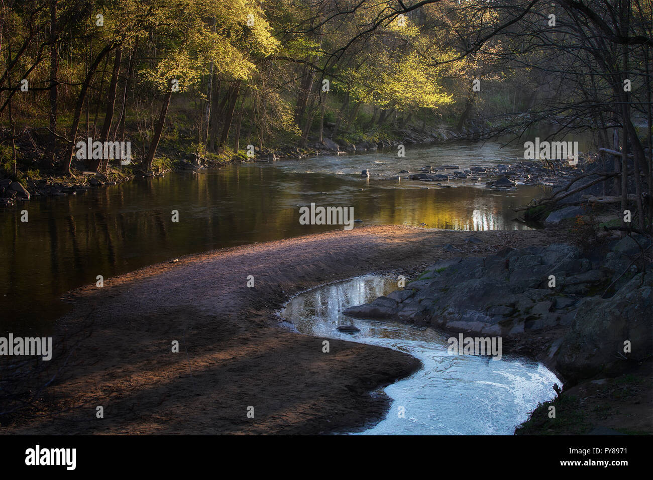 Early morning sun begins to warm the Little Patuxent River near Savage Mill in Howard County, Maryland Stock Photo