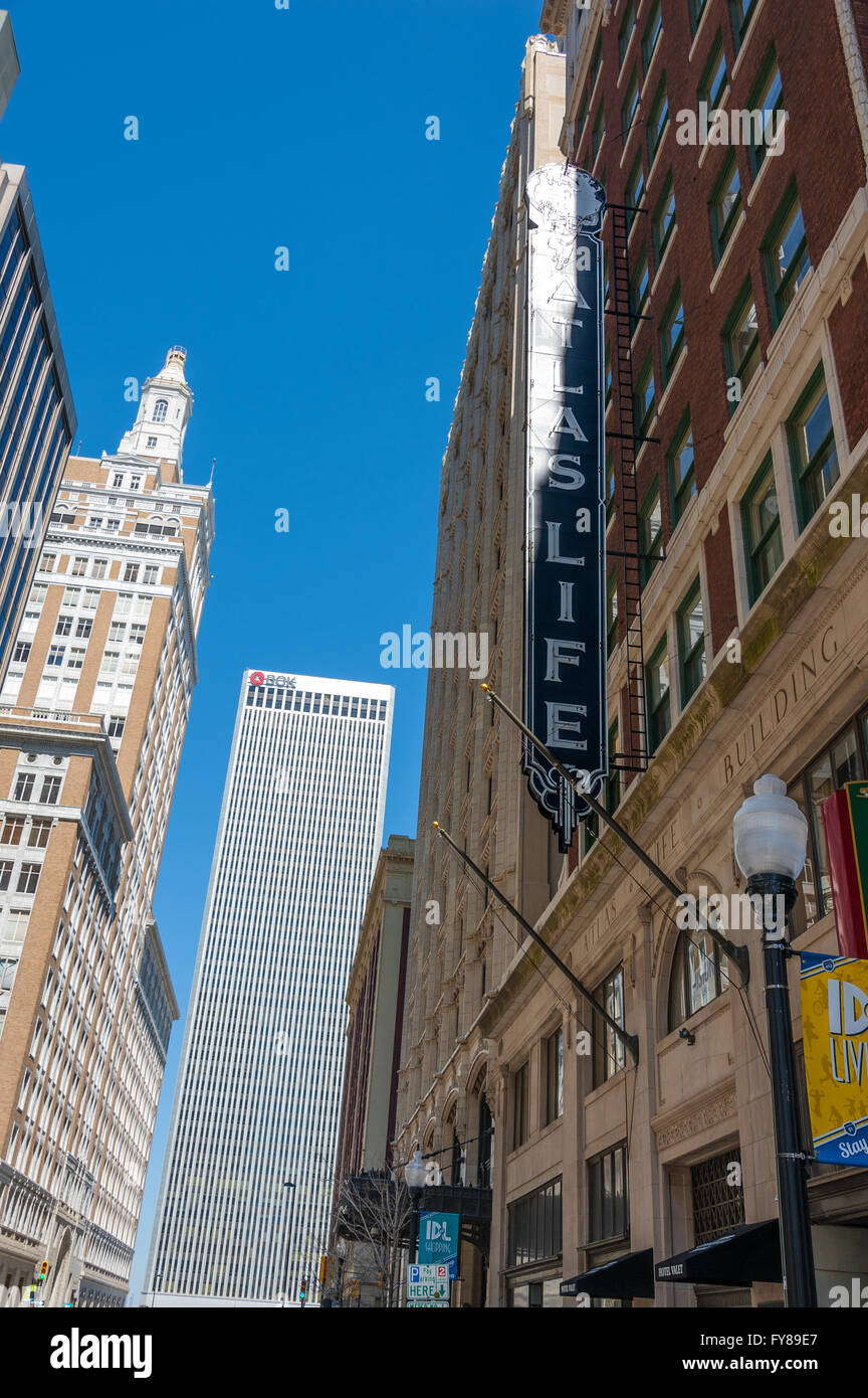 Upward view of downtown Tulsa, Oklahoma in front of the historic Atlas Life Building on South Boston Street. USA. Stock Photo