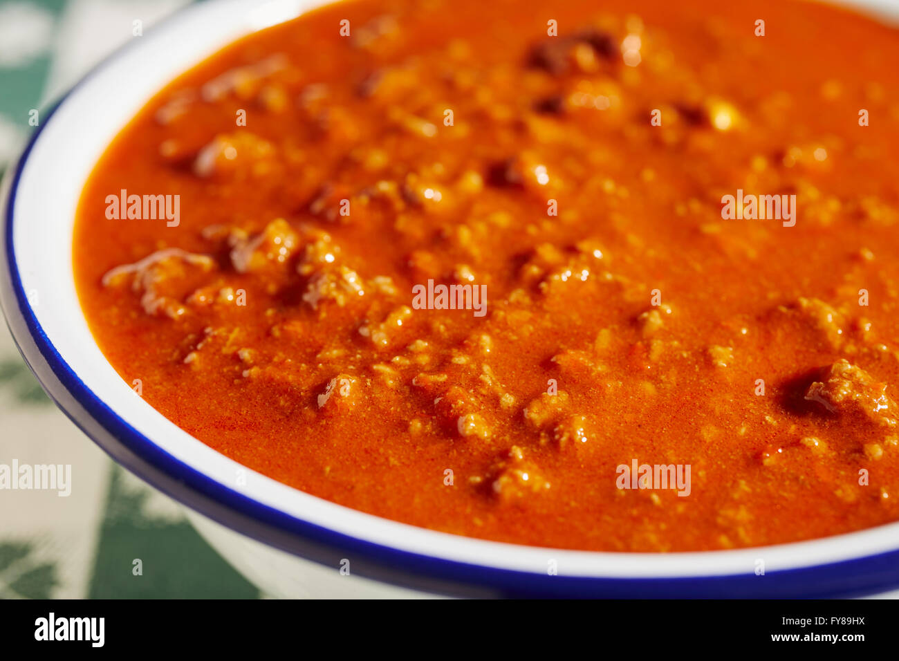 bowl of red chili made with ground beef, called 'chile meat' in New Mexico Stock Photo