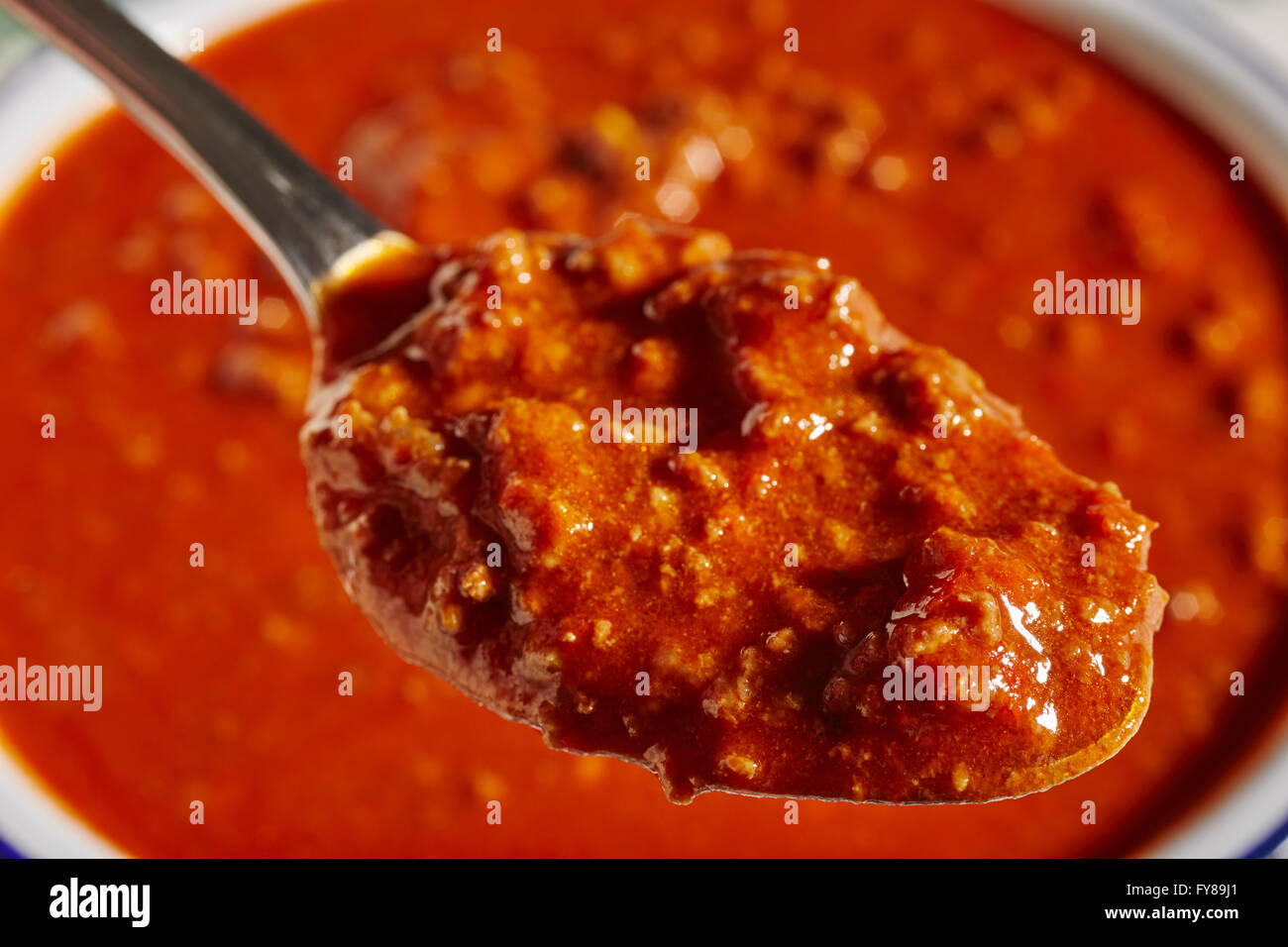 bowl of red chili made with ground beef, called 'chile meat' in New Mexico Stock Photo