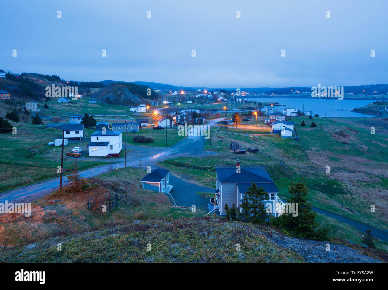 The small town of Port Rexton at twilight. Eastern Newfoundland, Canada. Stock Photo