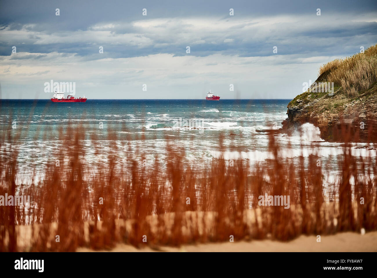 Cargo Ships Waiting to Entry in the Port of Bilbao, Biscay, Basque Contry, Euskadi, Spain, Europe Stock Photo