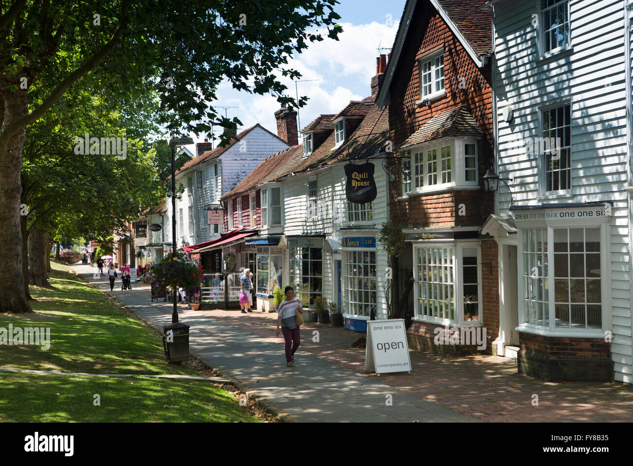 UK, Kent, Tenterden, High Street, picturesque tile hung and weatherboarded shops near West Cross Stock Photo