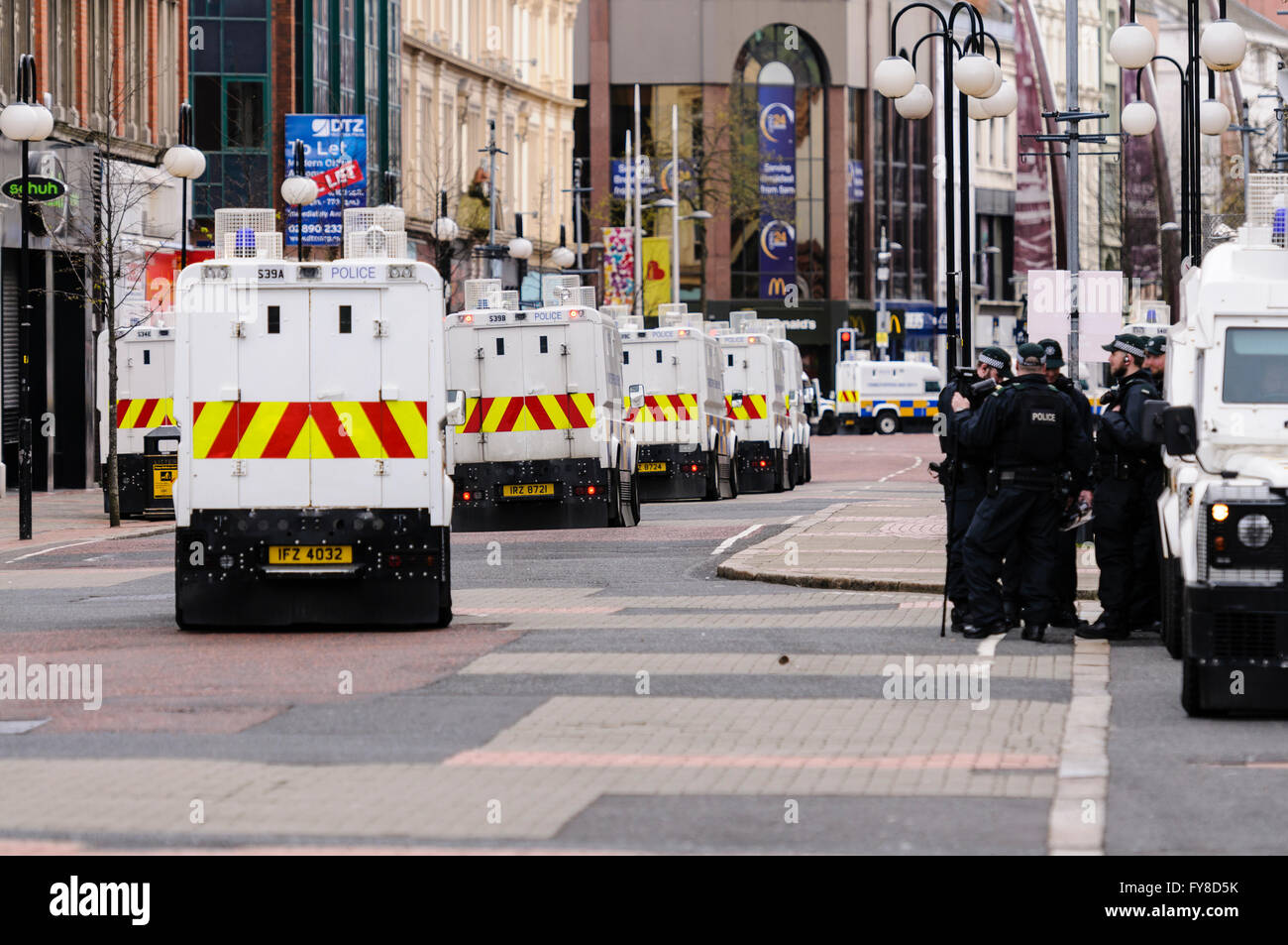 A large number of PSNI armoured Landrovers in Belfast City Centre. Stock Photo