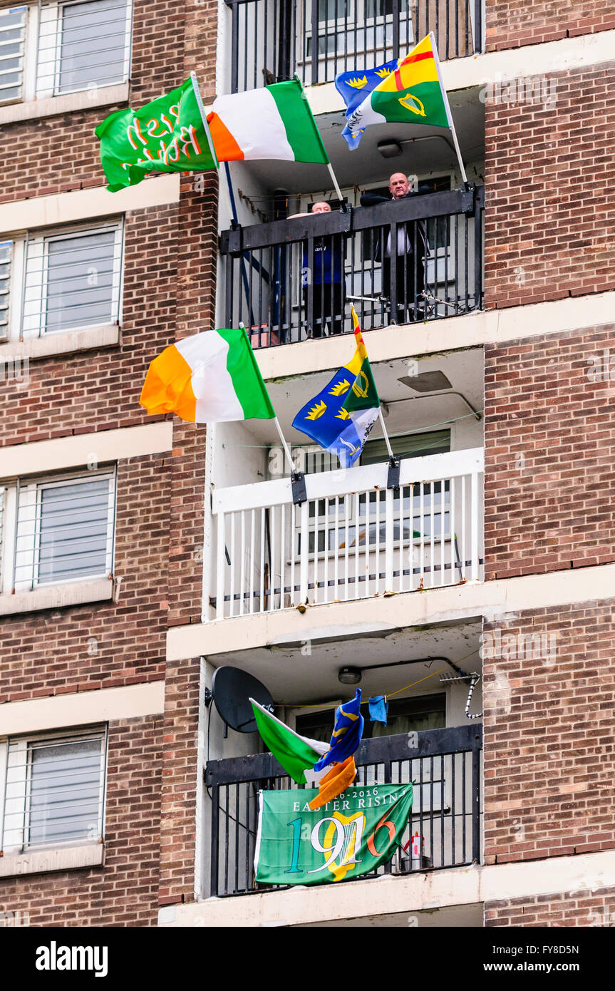 Irish Tricolours and republican flags flying from a tower block flats in Belfast, Northern Ireland. Stock Photo