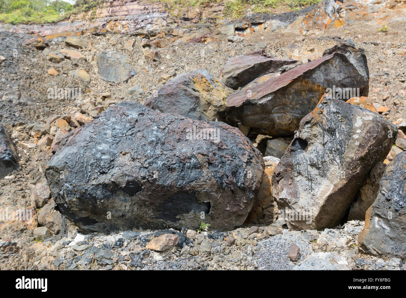 Blocks of bitumen in an old quarry in Napo Province, Ecuador. Stock Photo