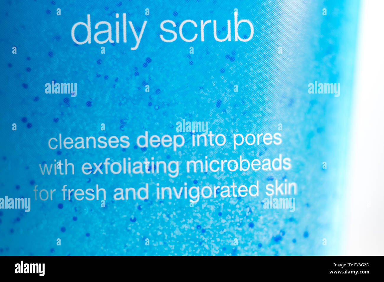 Close up of Microbeads text and beads in an exfoliating daily scrub Stock Photo