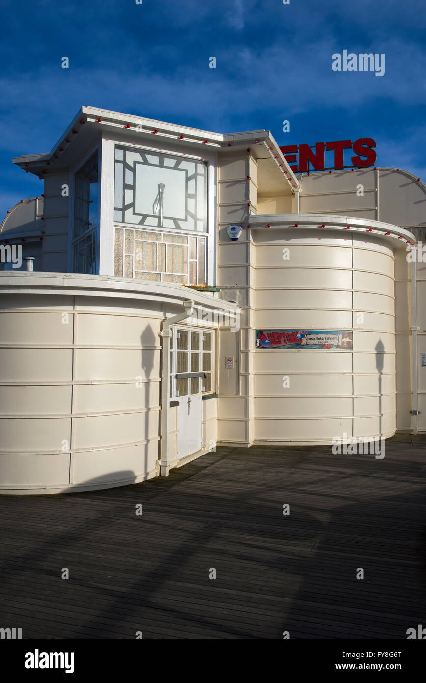 The Art Deco clock of the centre pavilion on Worthing Pier, Worthing, West Sussex, UK Stock Photo