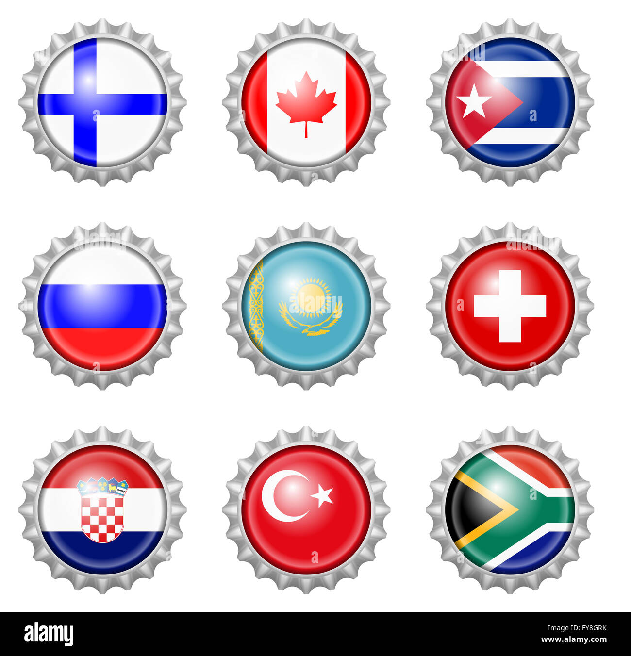 Bottle cap national flags on white background Stock Photo - Alamy