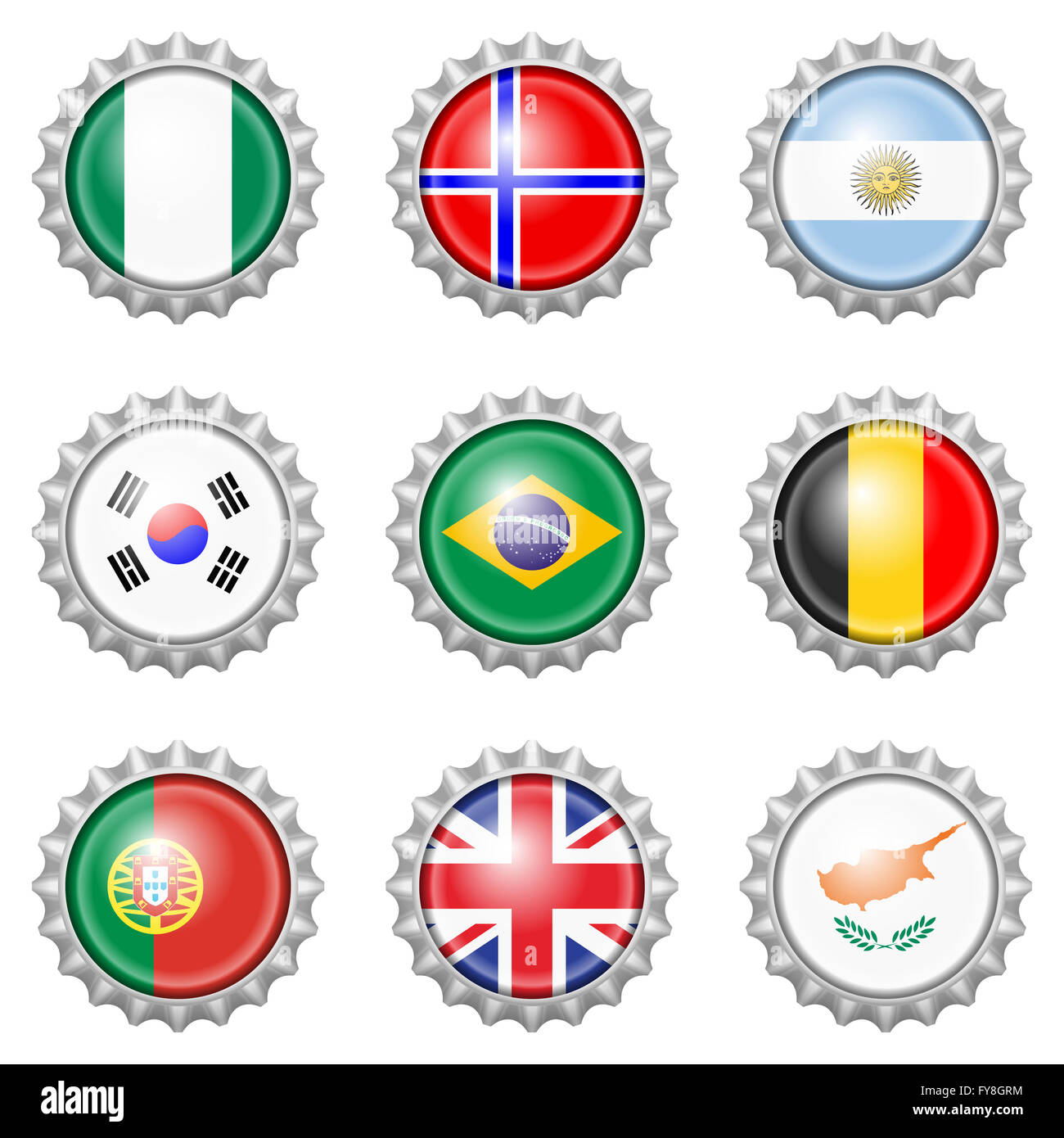Bottle cap national flags on white background Stock Photo - Alamy