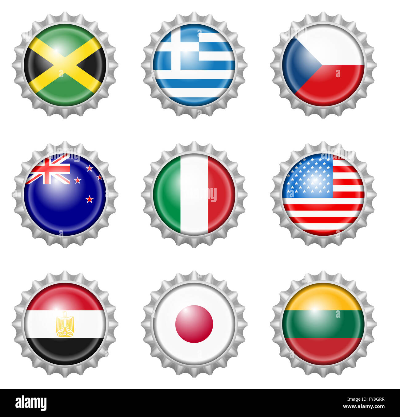 Bottle cap national flags on white background. Stock Photo