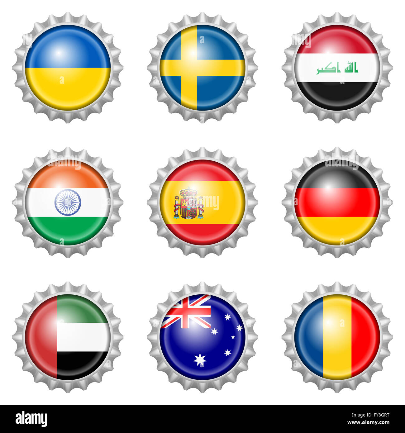 Bottle cap national flags on white background Stock Photo - Alamy