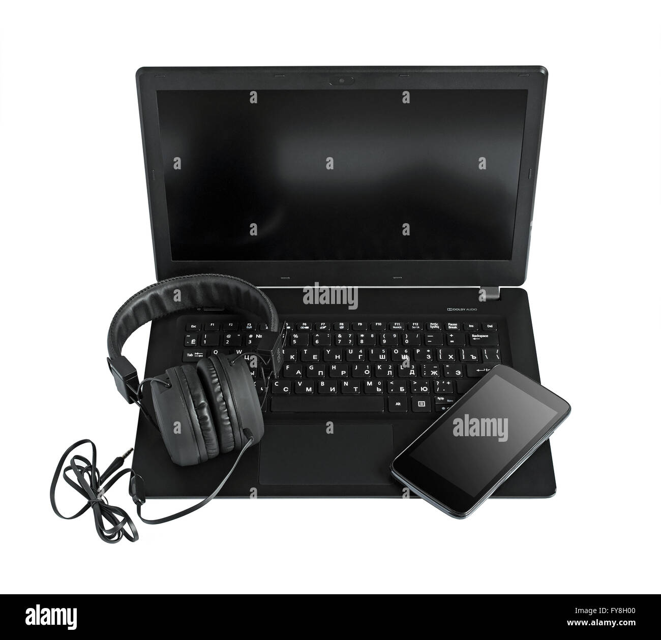 Laptop , smartphone and headphones isolated on white Stock Photo - Alamy