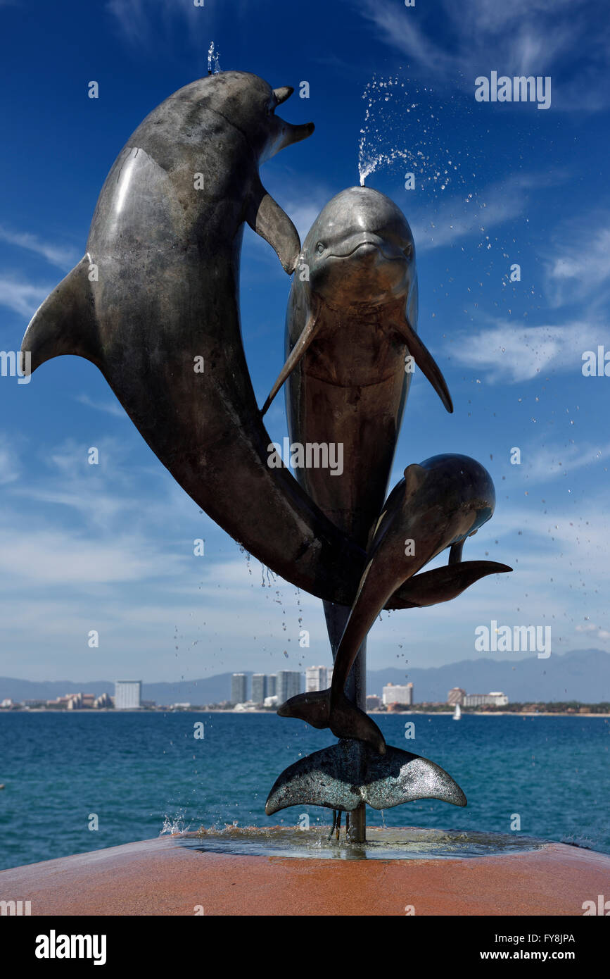 Friendship fountain of Dancing Dolphins on the Malecon Puerto Vallarta Mexico Stock Photo