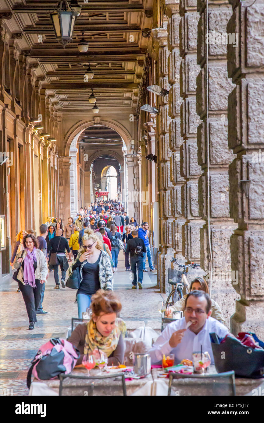 Classic arcades and restaurants in Bologna, Italy Stock Photo