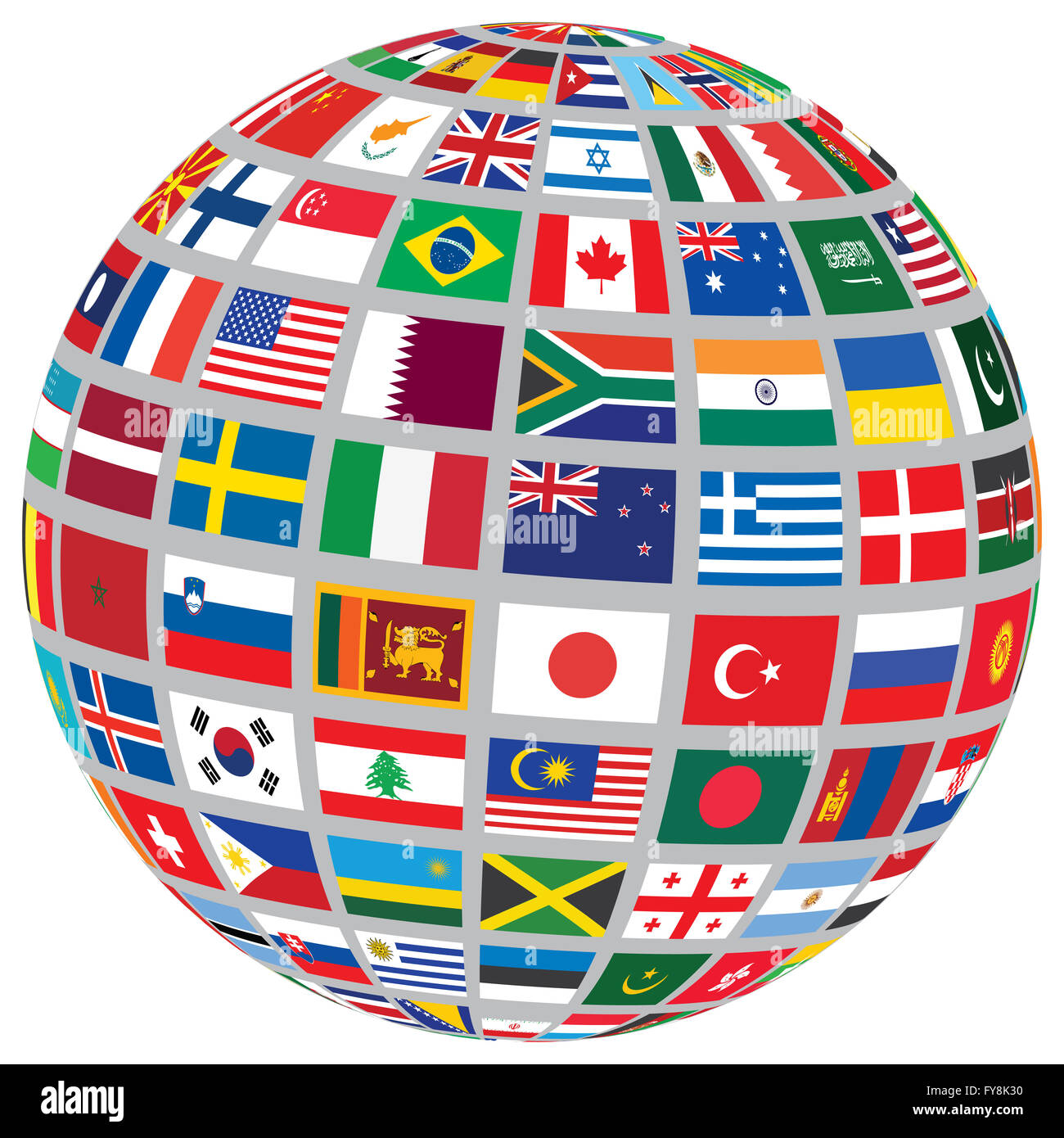 sphere with world flags isolated on white illustration Stock Photo