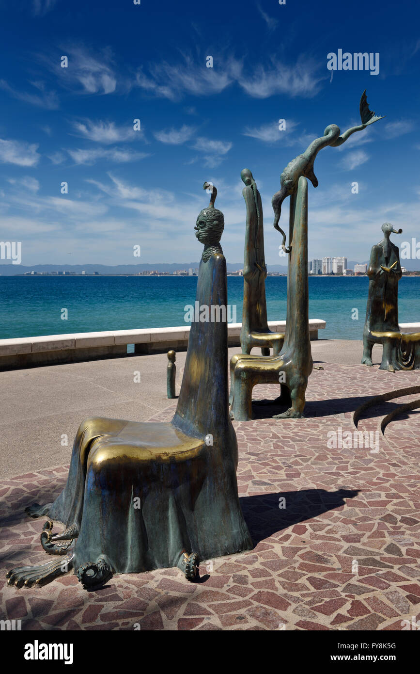 The Roundabout of the Sea bronze sculptures on the Malecon Puerto Vallarta Mexico Stock Photo