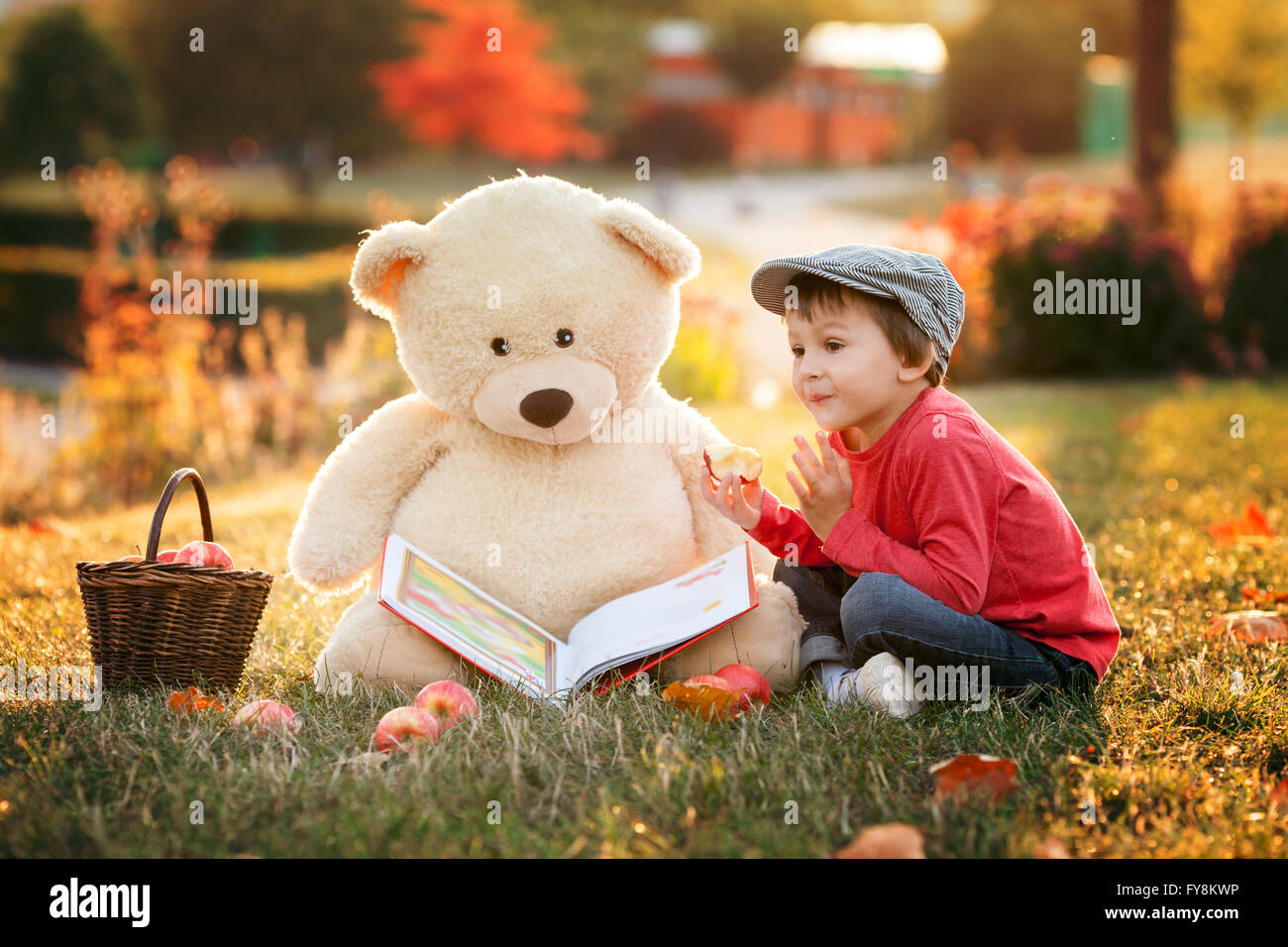 Adorable little boy with his teddy bear friend in the park on sunset ...