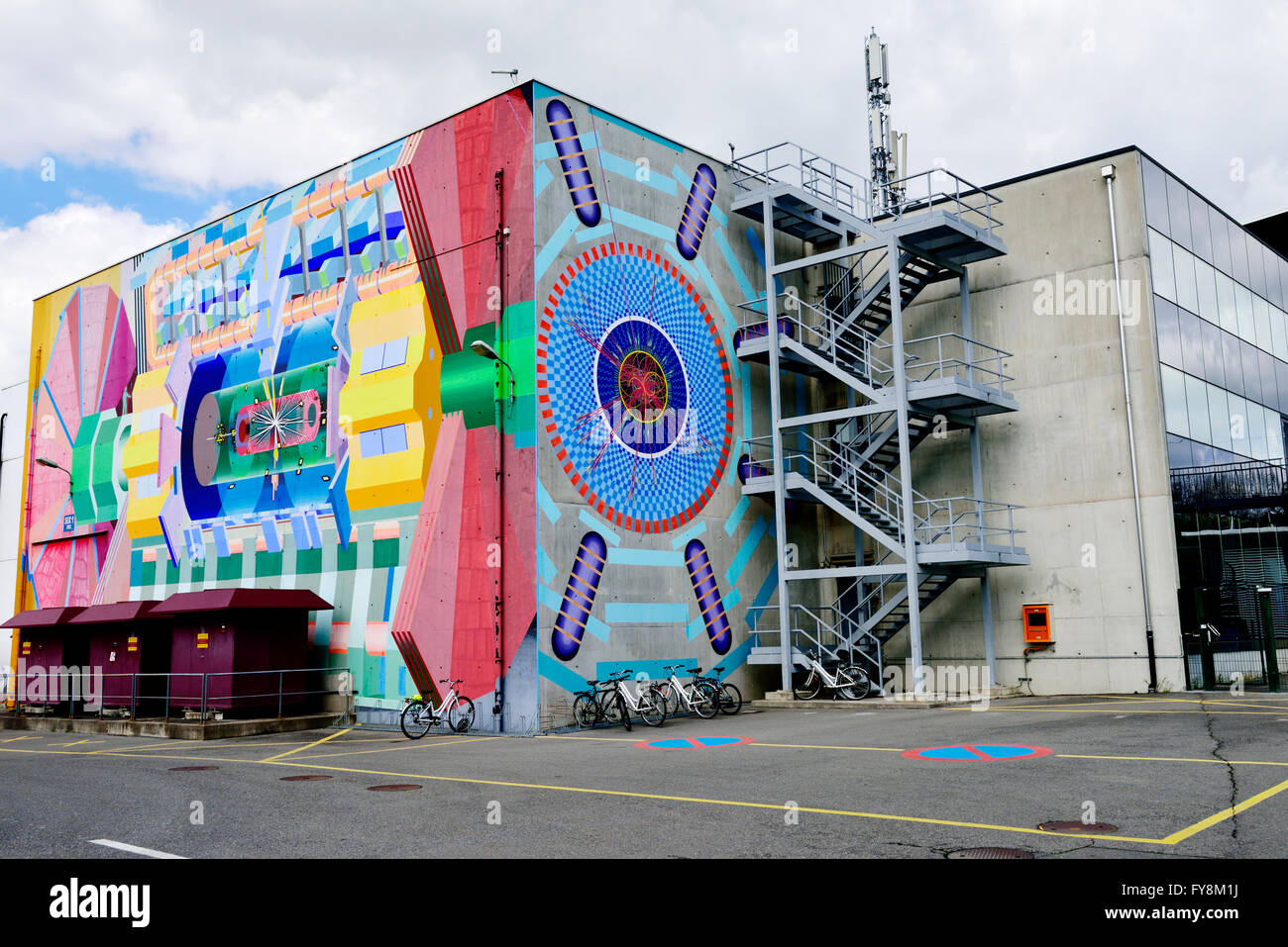 Outside the ATLAS building at CERN where the control room for detectors used to discover the Higgs boson are located. The graphi Stock Photo