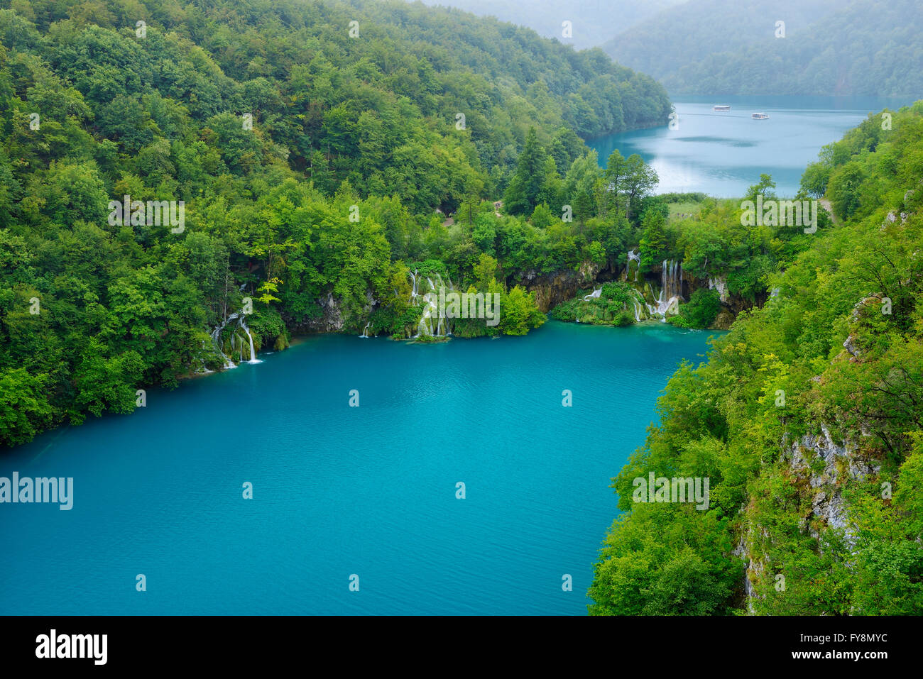 Croatia, View over Milanovac Lake and distant Kozjak Lake in Plitvice Lakes National Park Stock Photo