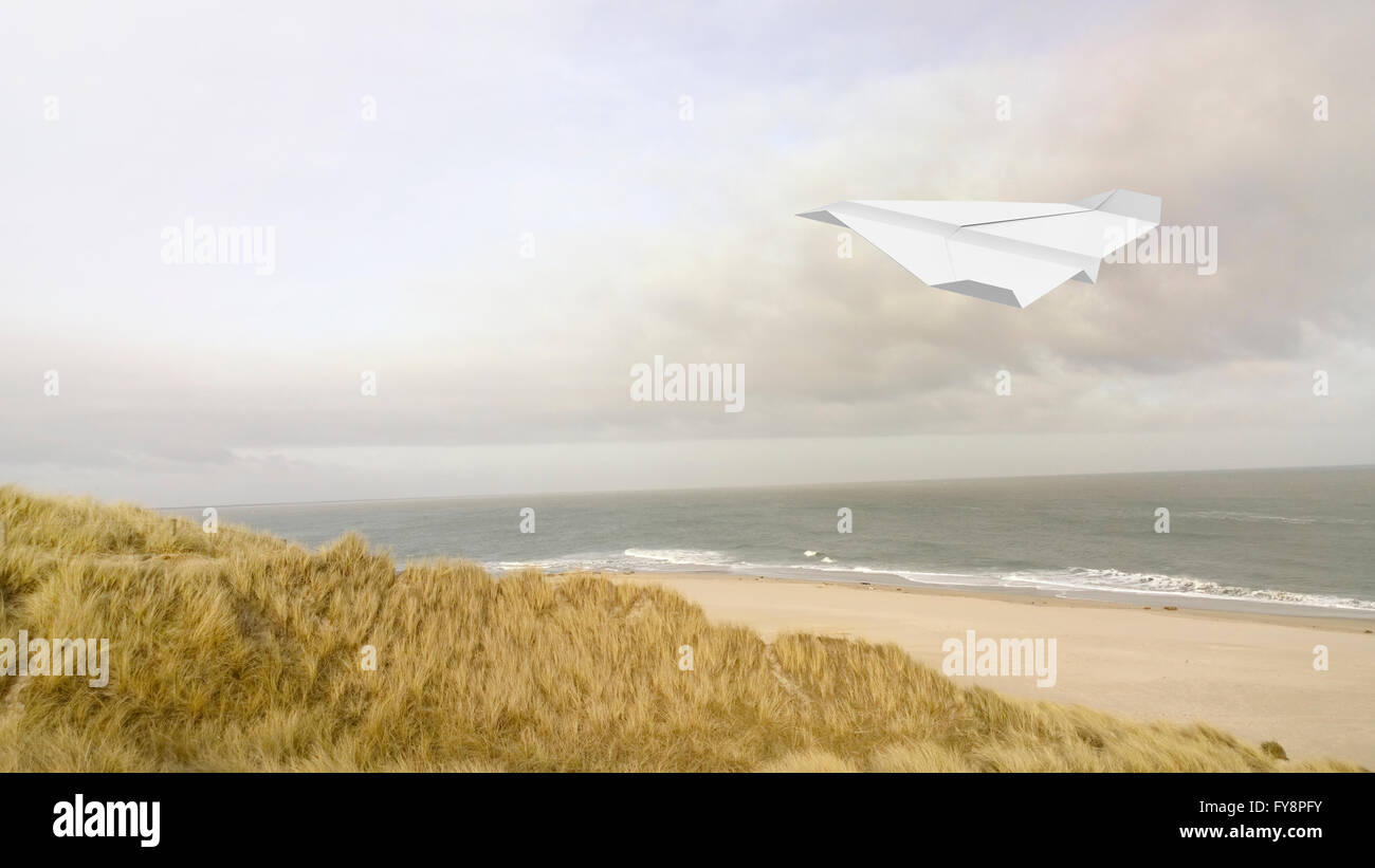 Paper plane, beach in the background, 3D Rendering Stock Photo