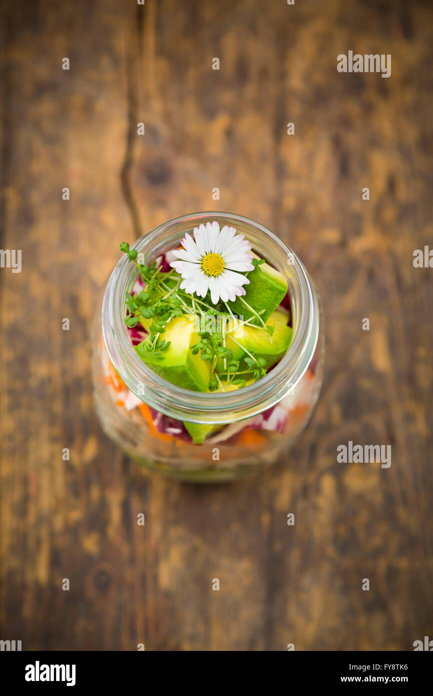 Springtime salad in glass, radicchio, avocado, carrot, and cress, daisy Stock Photo