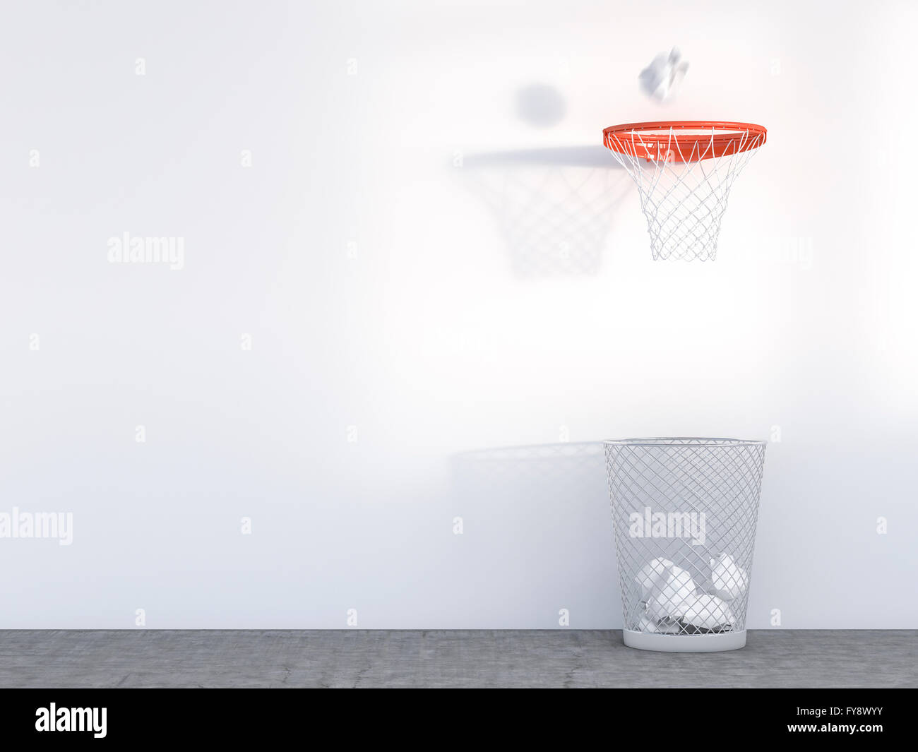 3D Rendering, wastepaper basket under basketball hoop, unerring Stock