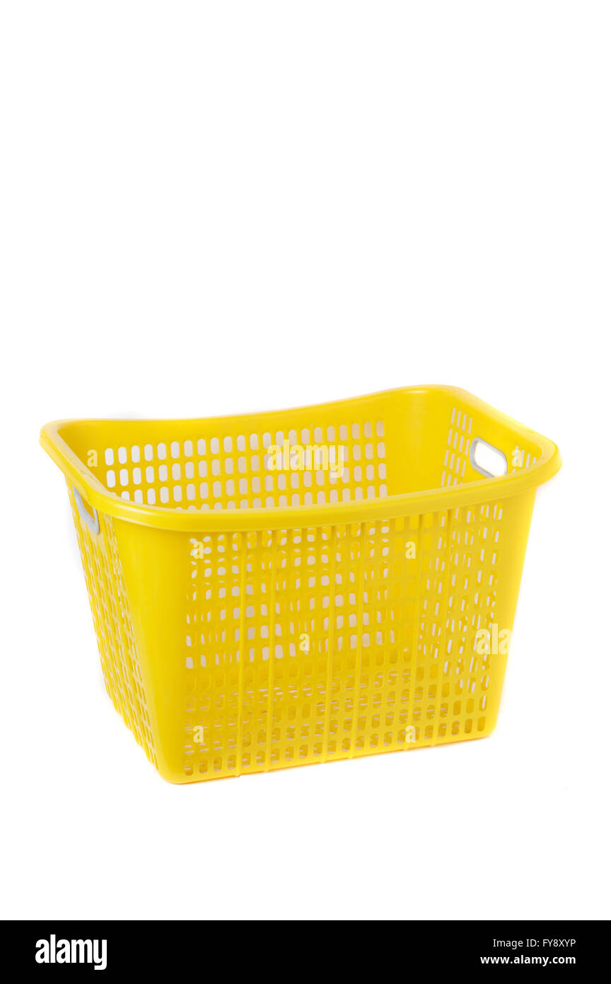 yellow plastic basket on white background Stock Photo Alamy