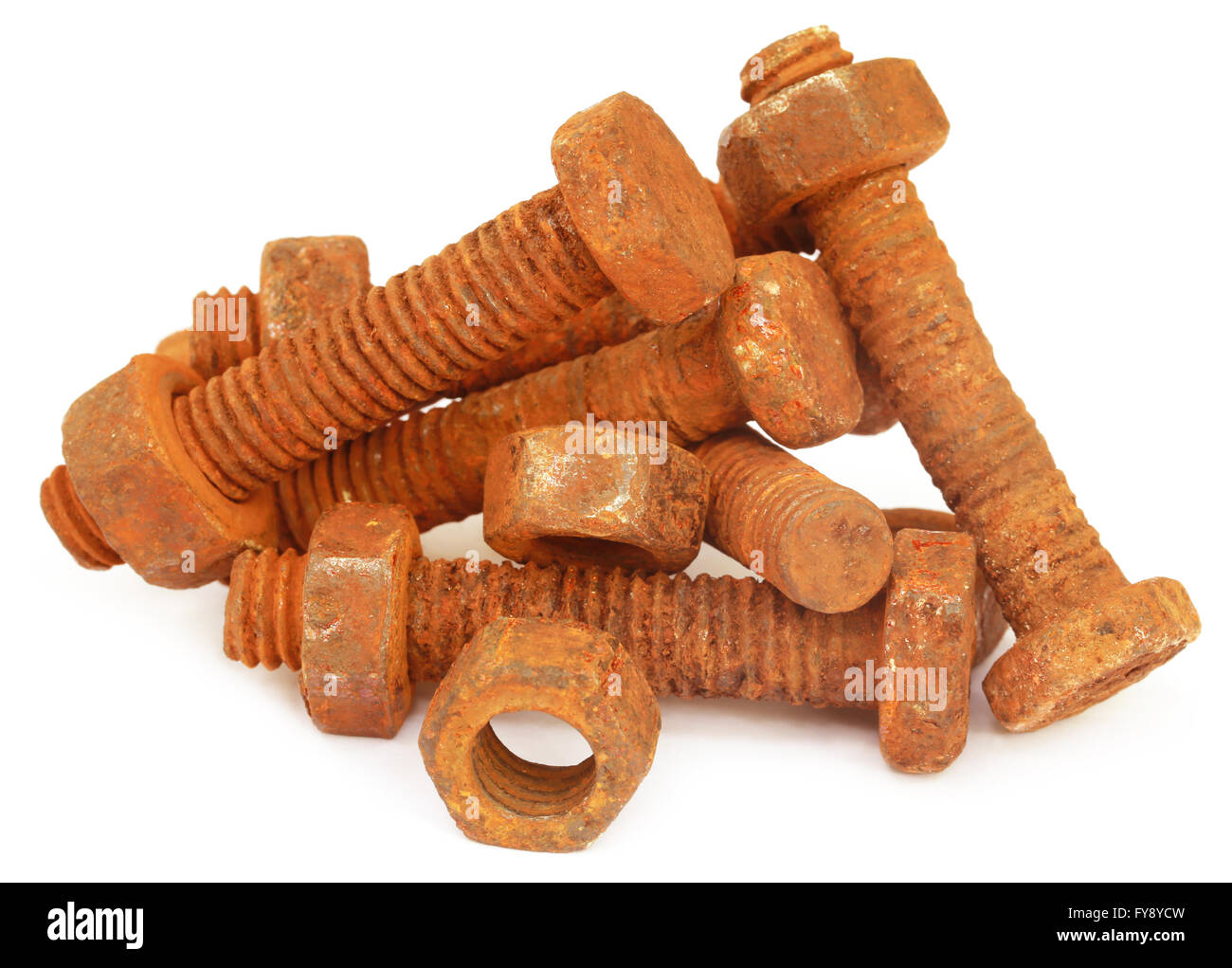 Rusty bolts with nuts over white background Stock Photo