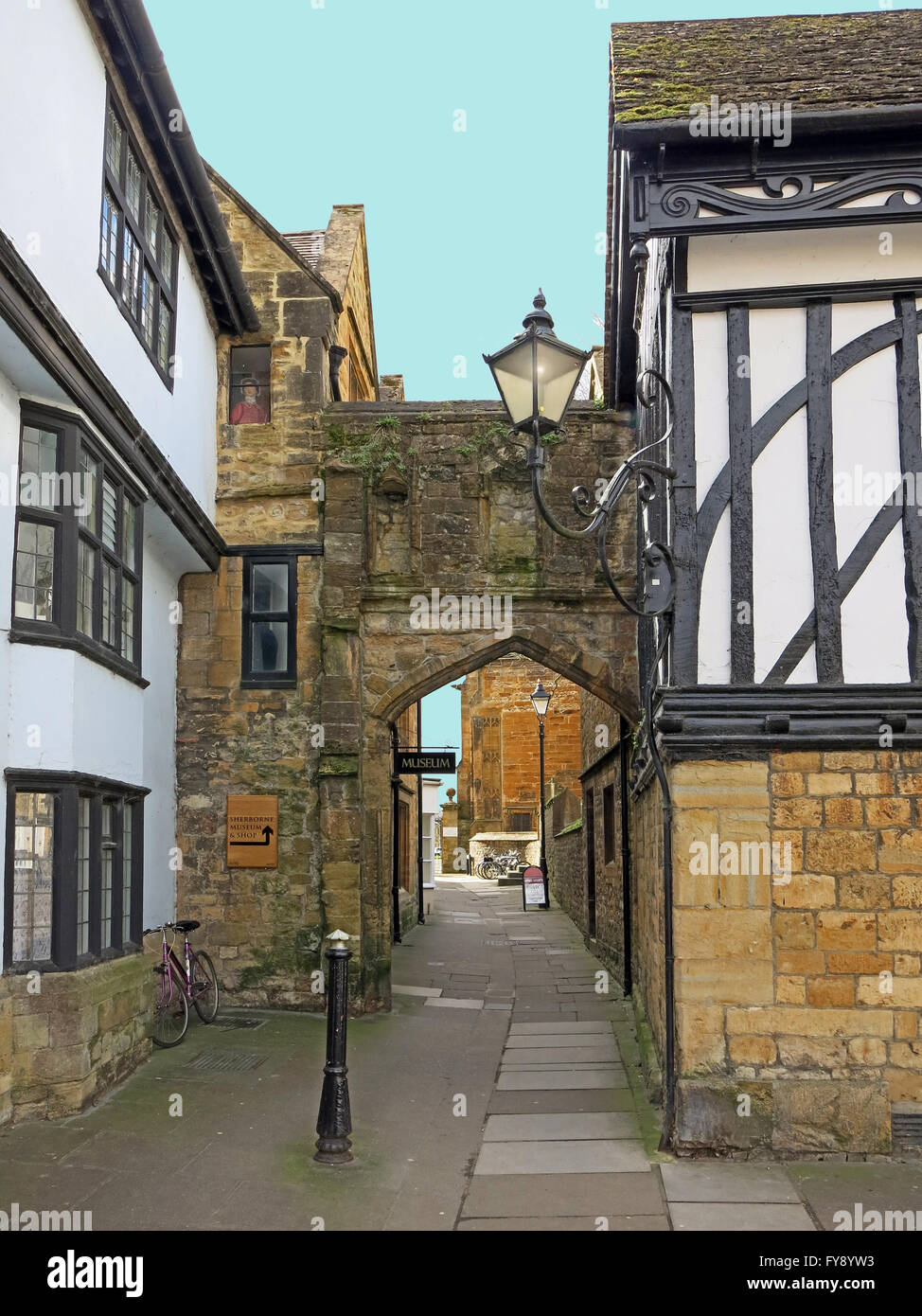 The narrow pedestrian thoroughfare called Church Lane in Sherborne, Dorset, England, UK Stock Photo