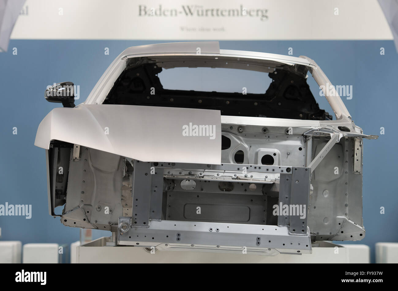 Hanover, Germany. 23rd Apr, 2016. The body of a Audi R8 is seen at the ...