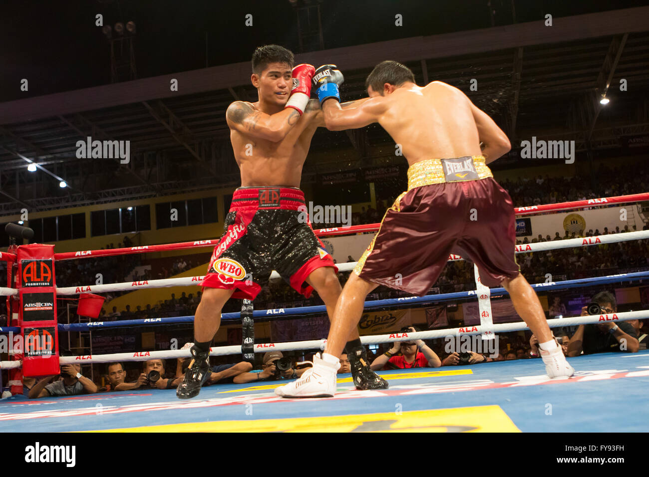 23/4/2016 Cebu City Sports Complex, Cebu City, Philippines.On the same fight card as Donaire vs Bedak, up and coming Filipino boxing prospect Mark ‘Magnifico’ Magsayo (20 yrs W14 L0 D0) fought Chris ‘The Hitman’ Avalos (26yrs W26 L5 D0) for the vacant WBO International Featherweight Championship.The bout ending in round  six after an onslaught from Magsayo forcing the corner of Avalos to throw in the towel just at that moment the referee stopped the fight. Stock Photo