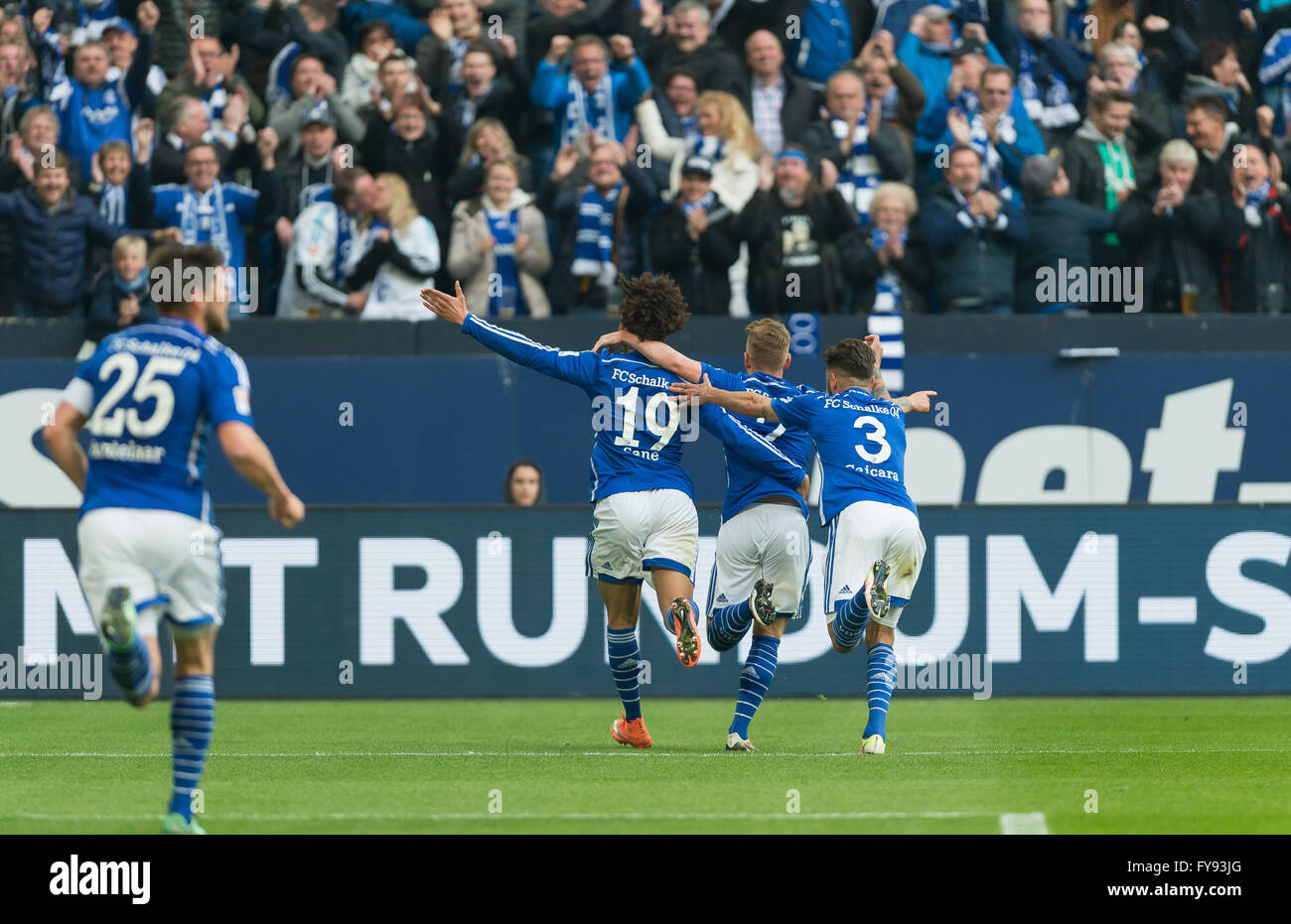 Gelsenkirchen, Germany. 23rd Apr, 2016. Schalke's Klaas-Jan Huntelaar, Leroy Sane, Max Meyer and Junior Caicara (l-r) celebrating during the German Bundesliga soccer match between FC Schalke 04 and Bayer Leverkusen at Veltins Arena in Gelsenkirchen, Germany, 23 April 2016. PHOTO: GUIDO KIRCHNER/dpa (EMBARGO CONDITIONS - ATTENTION: Due to the accreditation guidlines, the DFL only permits the publication and utilisation of up to 15 pictures per match on the internet and in online media during the match.) Credit:  dpa/Alamy Live News Stock Photo