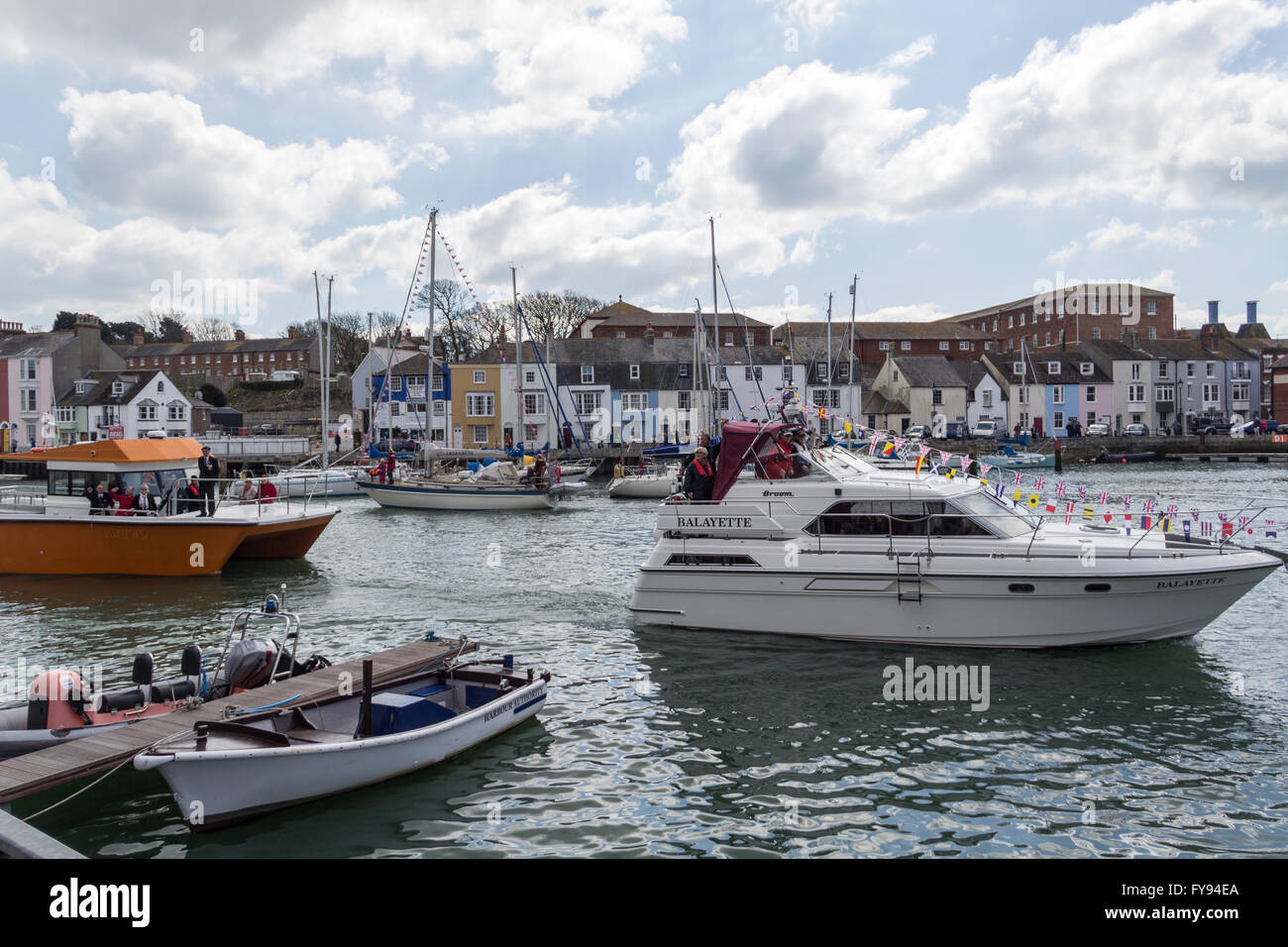 Weymouth, England. 23 April 2016. Queen's 90th Birthday Floating Tribute. Balayette in harbour. Credit:  Frances Underwood/Alamy Live News Stock Photo