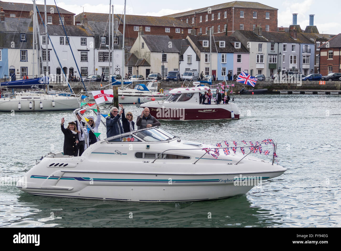 Weymouth, England. 23 April 2016. Queen's 90th Birthday Floating Tribute. Gopher, people waving. Credit:  Frances Underwood/Alamy Live News Stock Photo
