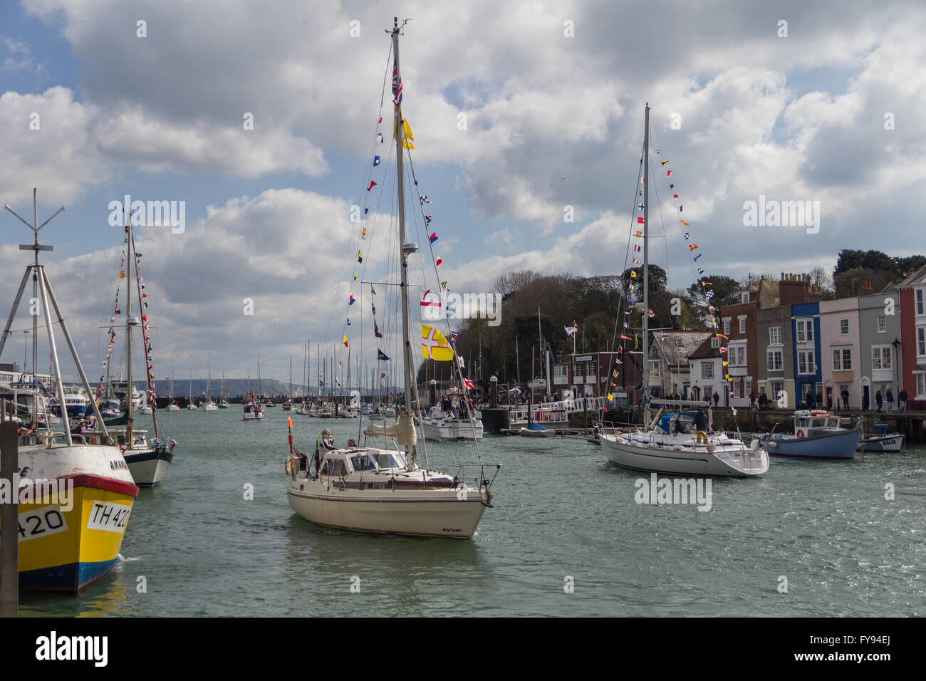 Weymouth, England. 23 April 2016. Queen's 90th Birthday Floating Tribute. Cruiser entering harbour . Credit:  Frances Underwood/Alamy Live News Stock Photo