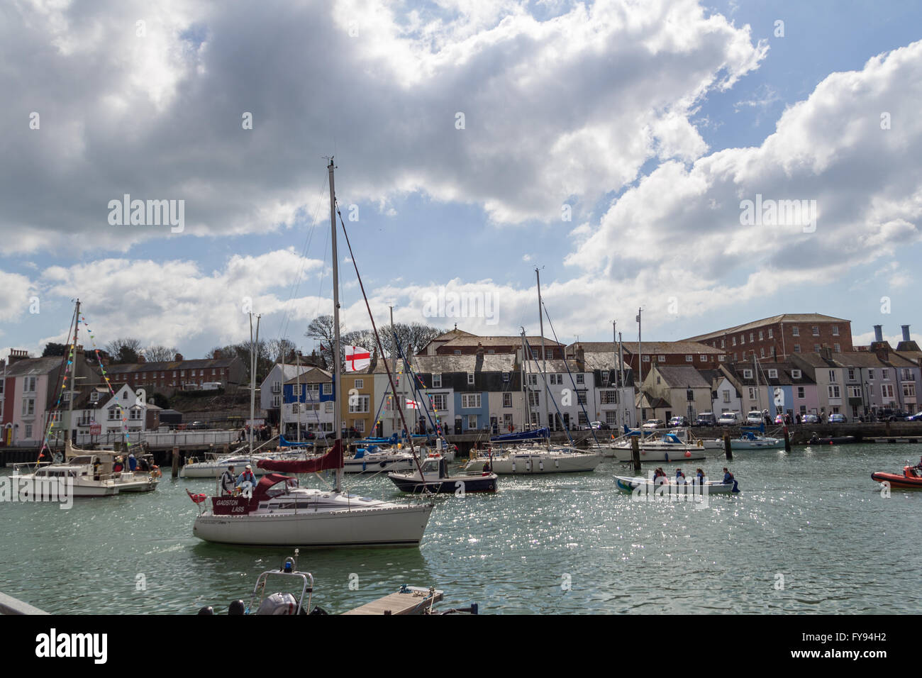 Weymouth, England. 23 April 2016. Queen's 90th Birthday Floating Tribute. Scene with many boat. Credit:  Frances Underwood/Alamy Live News Stock Photo