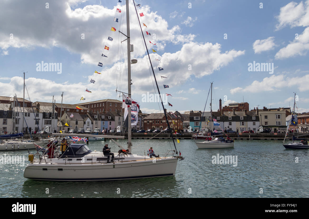 Weymouth, England. 23 April 2016. Queen's 90th Birthday Floating Tribute. Legend 38 in harbour. Credit:  Frances Underwood/Alamy Live News Stock Photo