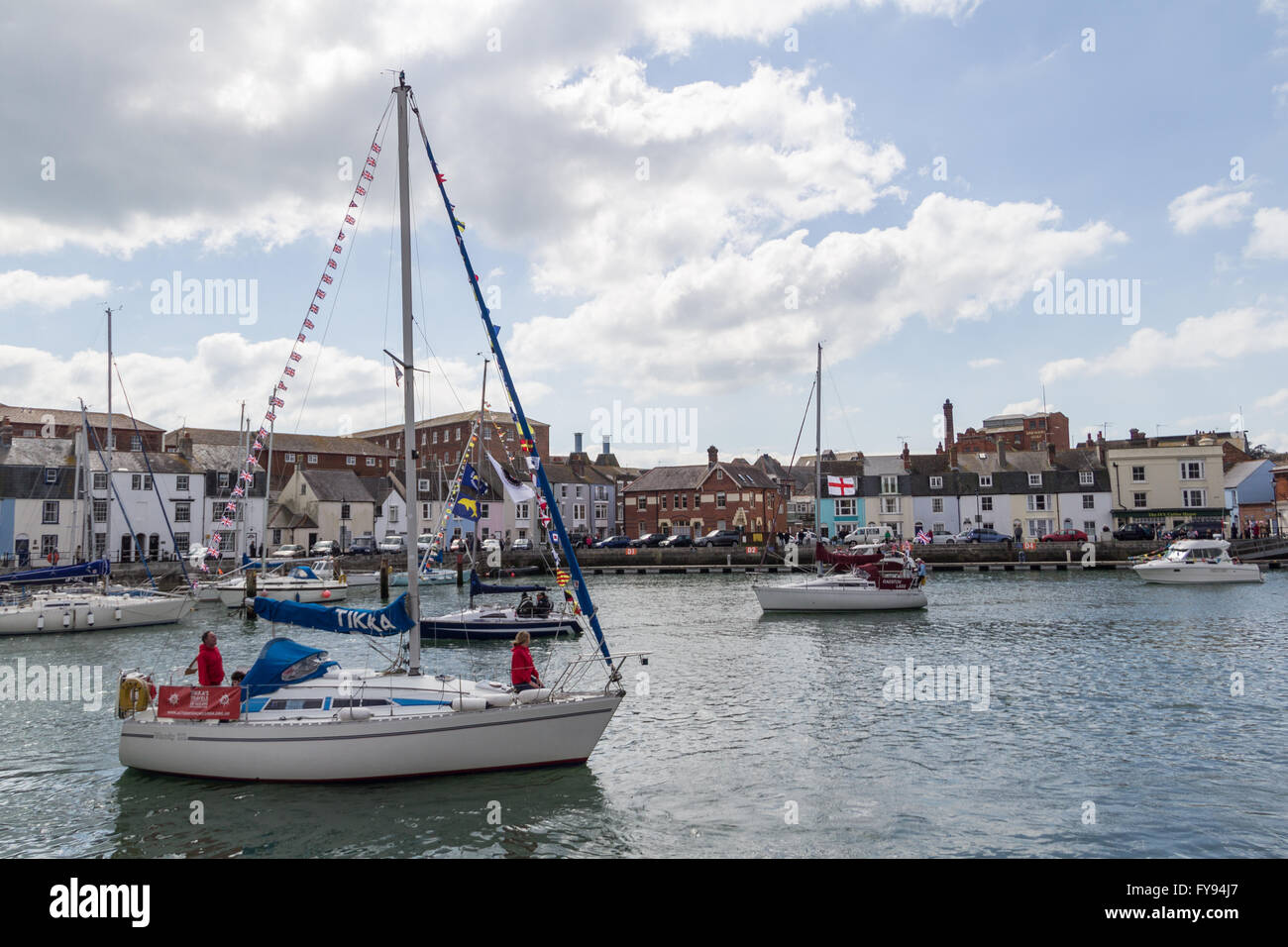Weymouth, England. 23 April 2016. Queen's 90th Birthday Floating Tribute. Moody 28 in harbour. Credit:  Frances Underwood/Alamy Live News Stock Photo
