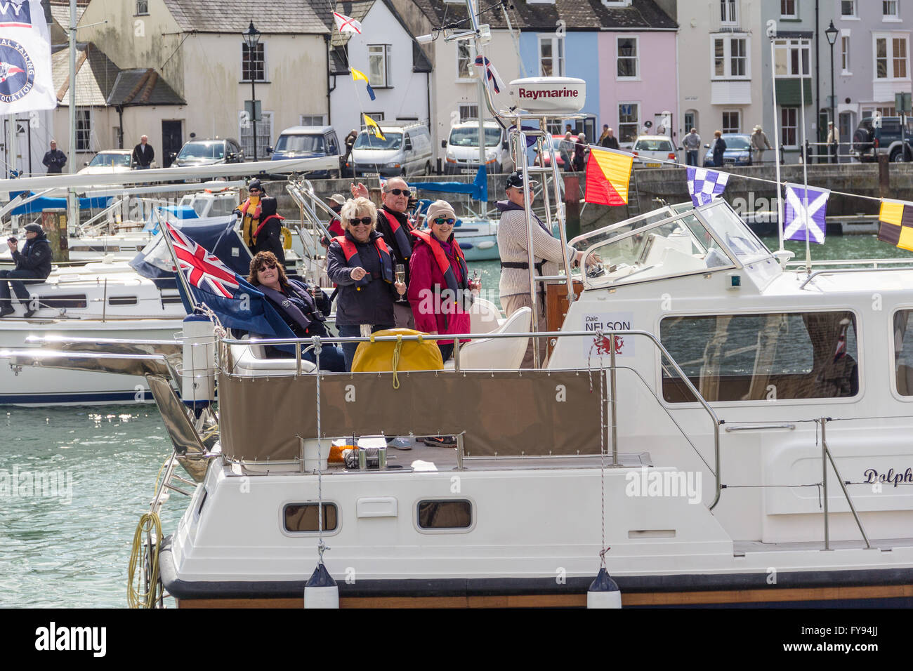 Weymouth, England. 23 April 2016. Queen's 90th Birthday Floating Tribute. Dolphin IV with people. Credit:  Frances Underwood/Alamy Live News Stock Photo