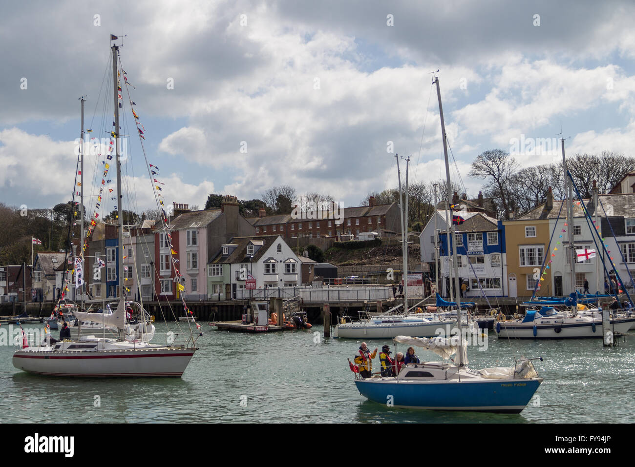 Weymouth, England. 23 April 2016. Queen's 90th Birthday Floating Tribute. Two boats entering harbour. Credit:  Frances Underwood/Alamy Live News Stock Photo
