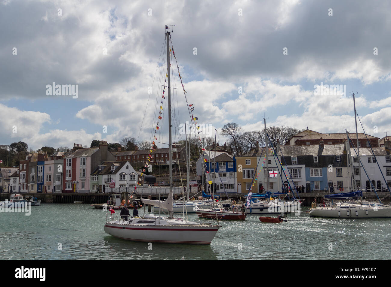 Weymouth, England. 23 April 2016. Queen's 90th Birthday Floating Tribute. Sailing boat entering harbour. Credit:  Frances Underwood/Alamy Live News Stock Photo
