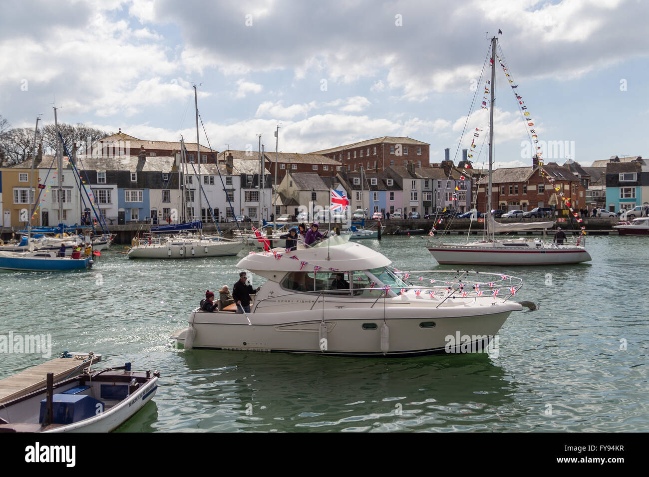 Weymouth, England. 23 April 2016. Queen's 90th Birthday Floating Tribute. Merry Fishe. Credit:  Frances Underwood/Alamy Live News Stock Photo