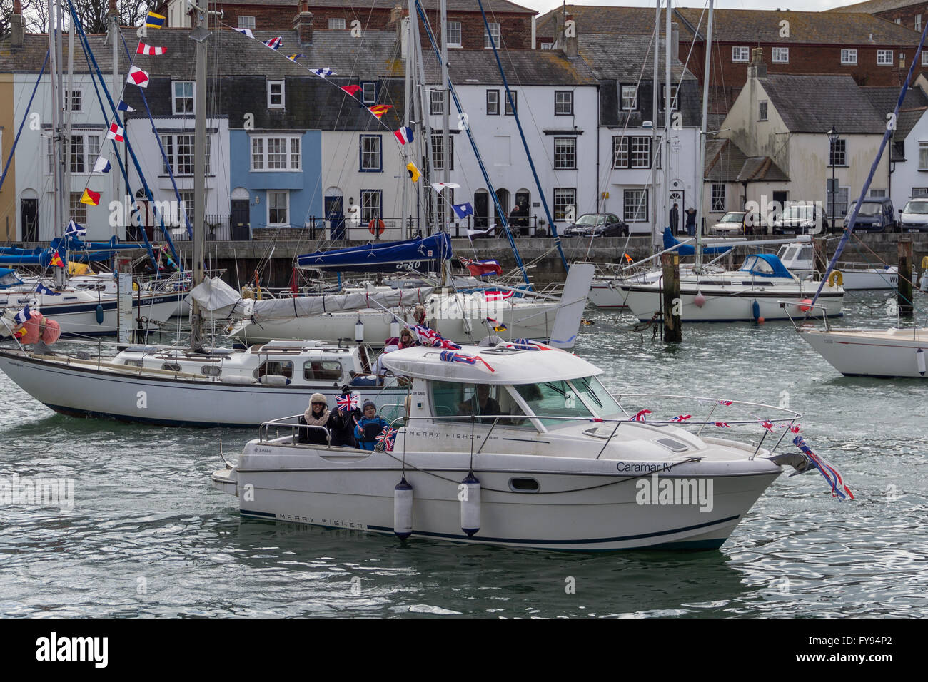 Weymouth, England. 23 April 2016. Queen's 90th Birthday Floating Tribute. Weymouth, England, 23 April 2016, Caramac IV. Credit:  Frances Underwood/Alamy Live News Stock Photo
