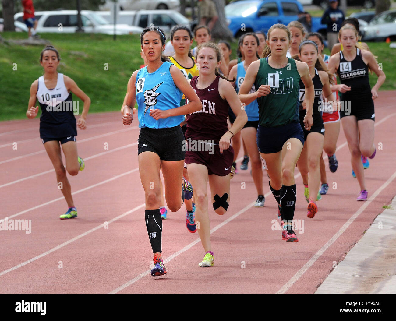 Albuquerque, NM, USA. 23rd Apr, 2016. Cleveland's Amanda Mayoral was the leader of the pack in the entire race of the girls 1600 meter run at the Richard Harper track Meet. Saturday, April. 23, 2016. © Jim Thompson/Albuquerque Journal/ZUMA Wire/Alamy Live News Stock Photo
