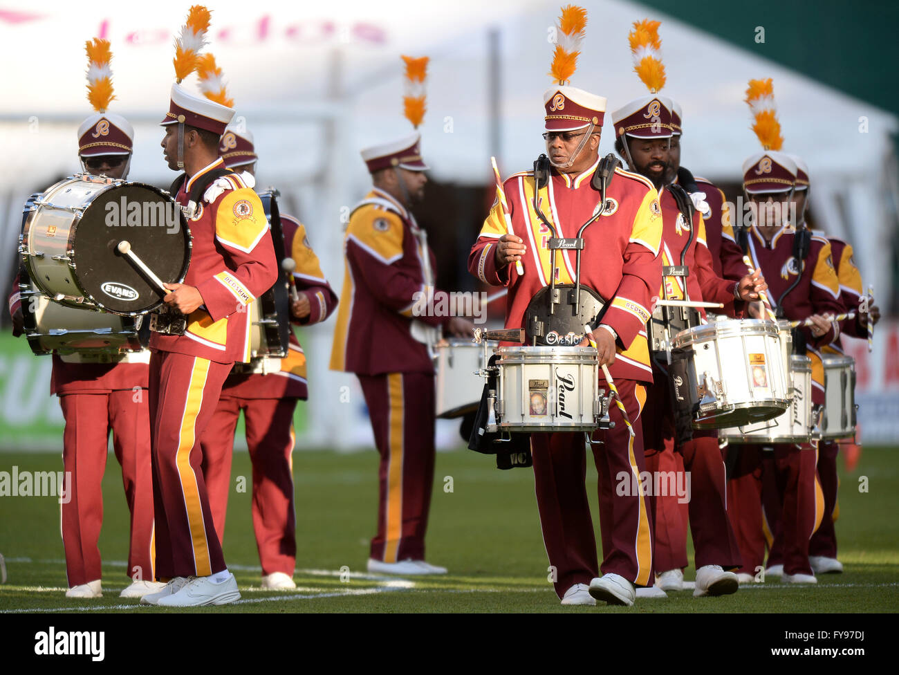 Washington, DC, USA. 23rd Apr, 2016. The Washington Redskins marching band performs during halftime of an MLS match between D.C. United and the New England Revolution at RFK Stadium in Washington. Credit:  Chuck Myers/ZUMA Wire/Alamy Live News Stock Photo