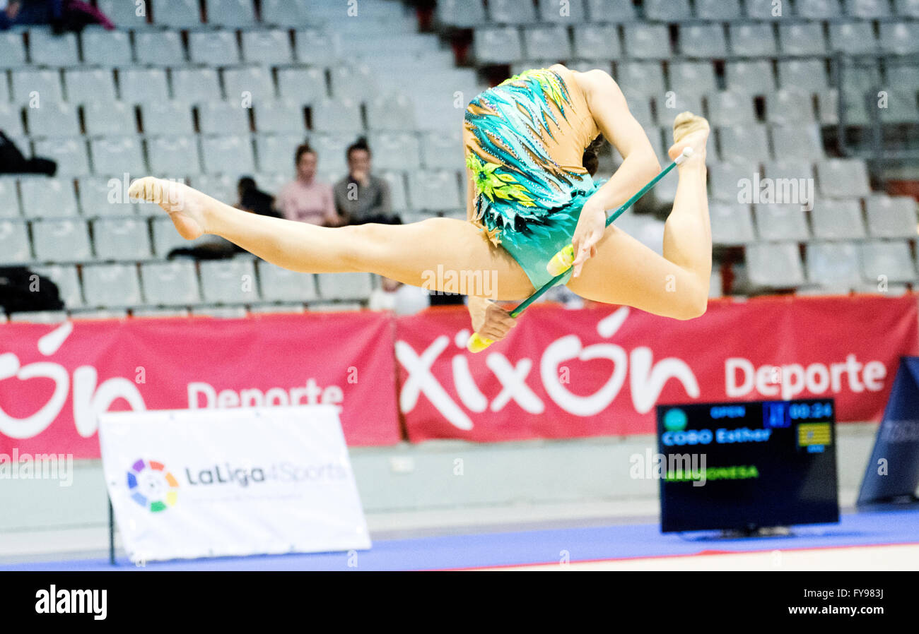 Gijon, Spain. 23rd April, 2016. Esther Cobo perfoms with the clubs during the Spanish Queen Cup of Rhythmic Gymnastics played at Sports Center of La Guia on April 23, 2016 in Gijon, Spain. Credit:  David Gato/Alamy Live News Stock Photo