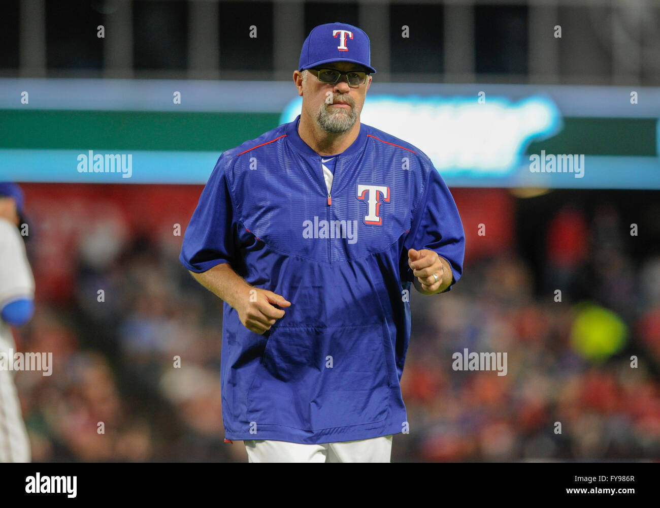 Apr 20, 2016: Texas Rangers pitching coach Doug Brocail #46 during an MLB  game between the Houston Astros and the Texas Rangers during the Silver  Boot Series at Globe Life Park in
