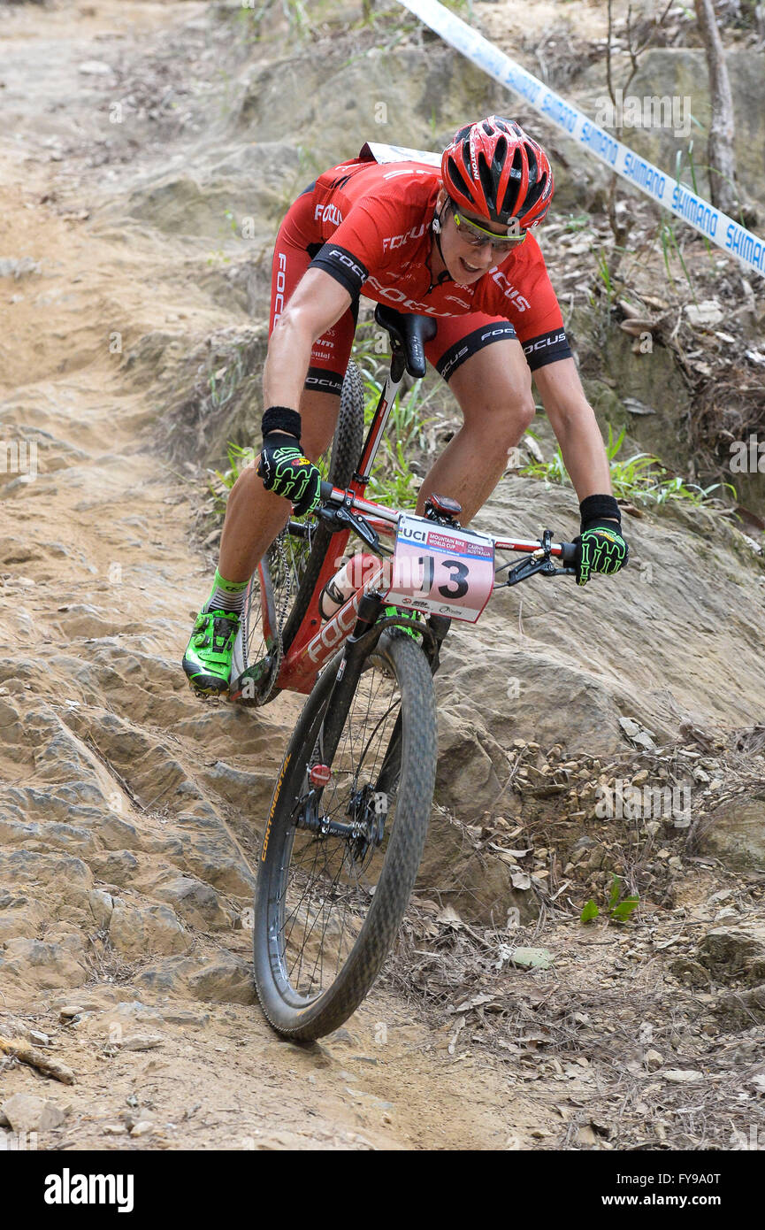 Cairns, Australia. 24th Apr, 2016. UCI Mountain Bike World Cup. Womens cross  country race. Runner up Linda Indergand from Switzerland riding for FOCUS XC  TEAM in the crocodile slide section. Credit: Action